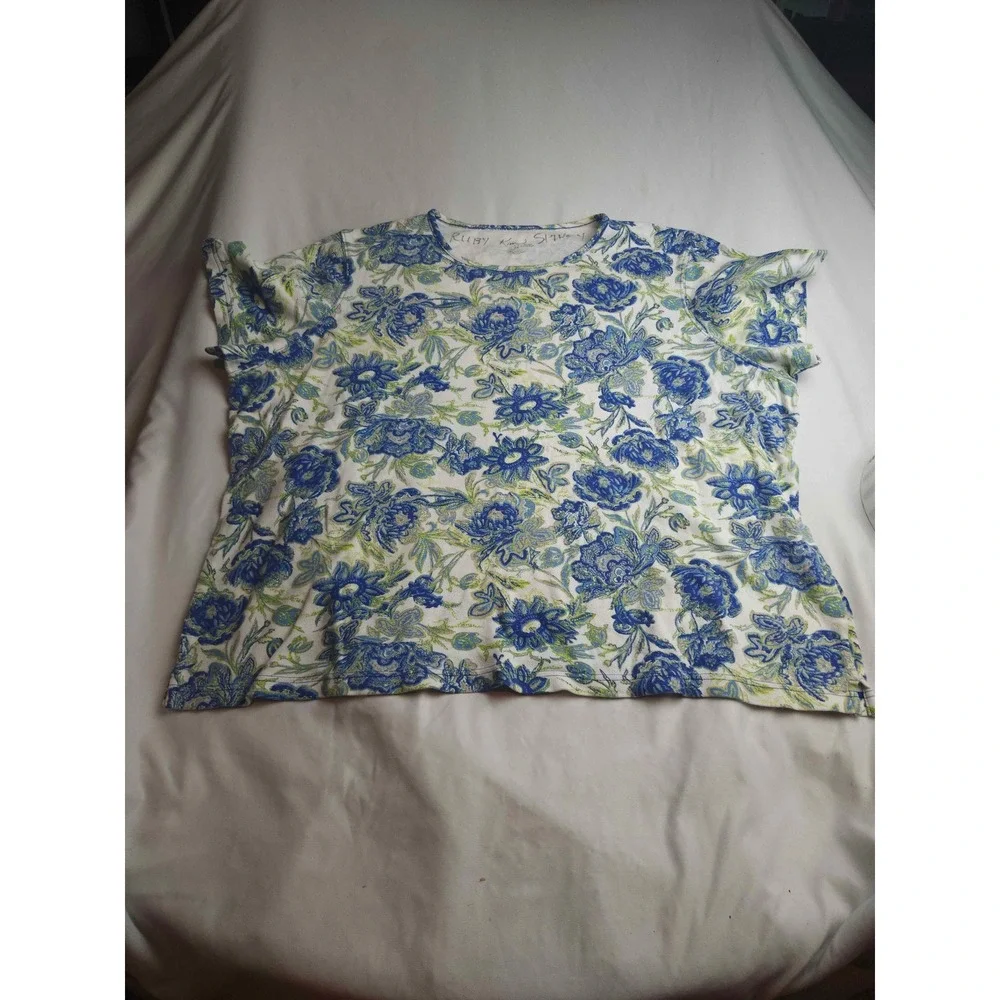 Kim Rogers Woman Blue Green Floral Cotton Short Sleeve Tee Top 2X